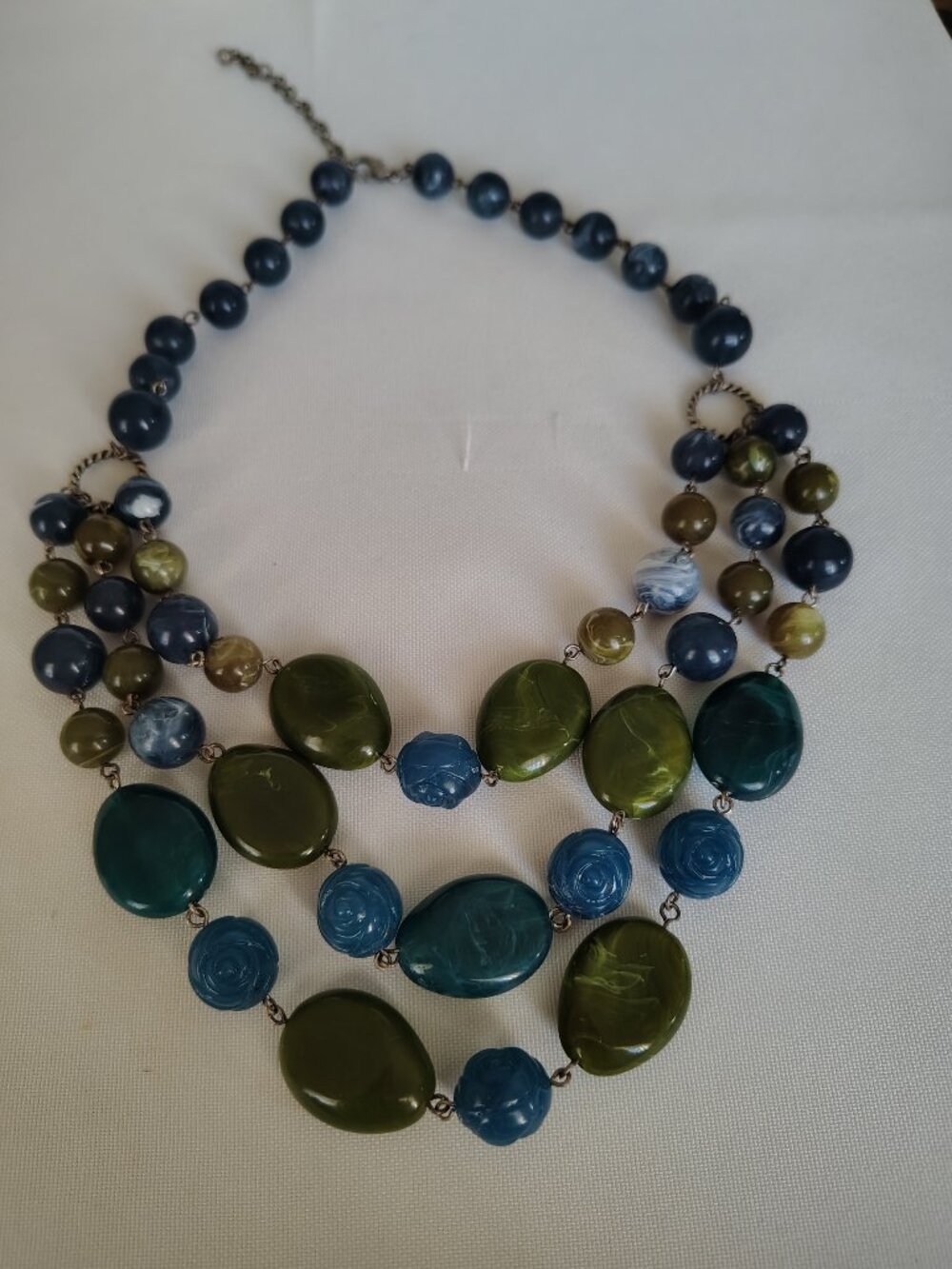 Multi layered blue and green beaded chain necklace. Adjustable.